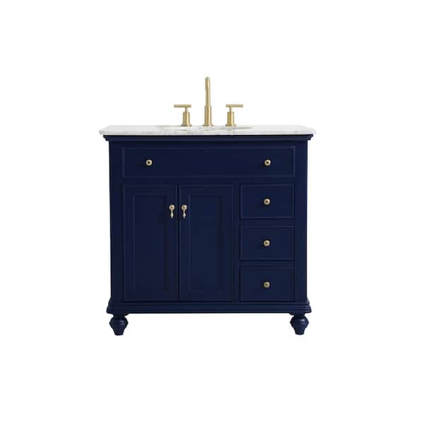 Unbranded Simply Living 36 in. W x 21 in. D x 35 in. H Bath Vanity in Blue with Carrara White Marble Top