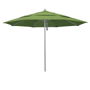 11 ft. Gray Woodgrain Aluminum Commercial MarketPatioUmbrella Fiberglass Ribs Pulley Lift in Spectrum Cilantro Sunbrella