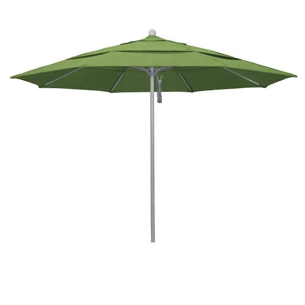 California Umbrella 11 ft. Gray Woodgrain Aluminum Commercial MarketPatioUmbrella Fiberglass Ribs Pulley Lift in Spectrum Cilantro Sunbrella
