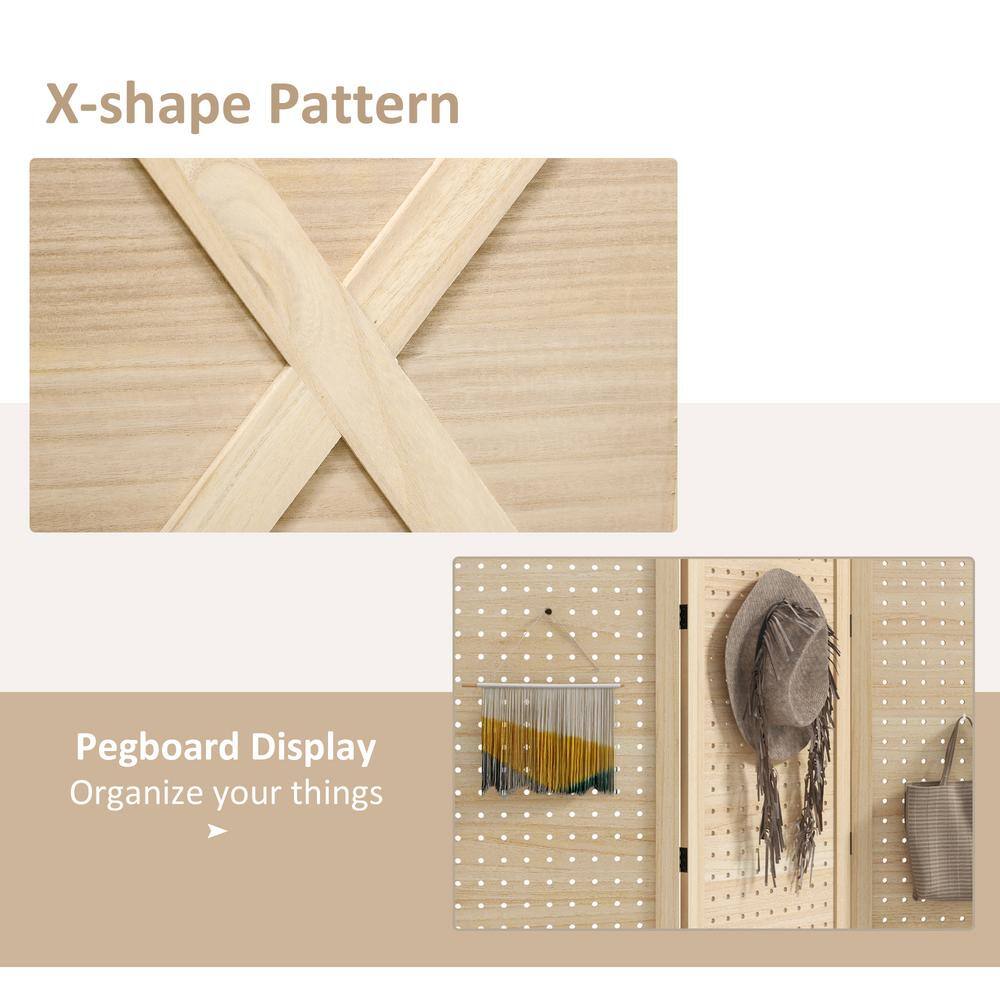 Natural Wood Folding 3-Panel Room Divider with Pegboard Display
