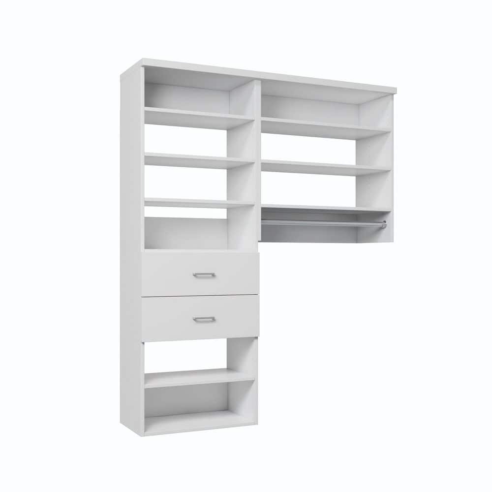 63 in. W Tranquil White Reach-in Wall-Mount 1-Rod 2-Slab-Drawers 9-Shelf Wood Closet System