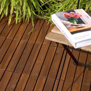 12 in. x 12 in. Brown Striped Pattern Acacia Wood Interlocking Flooring Deck Tiles Square Outdoor Patio Pack of 30 Tiles