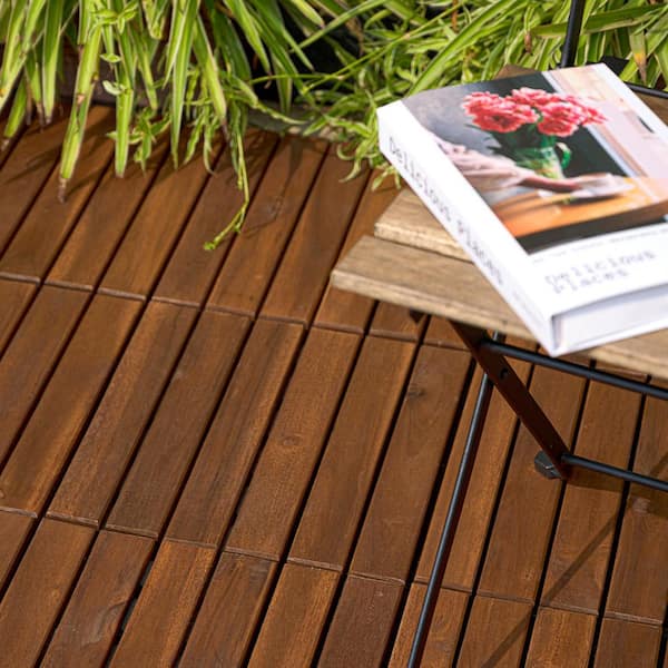 12 in. x 12 in. Brown Striped Pattern Acacia Wood Interlocking Flooring Deck Tiles Square Outdoor Patio Pack of 30 Tiles