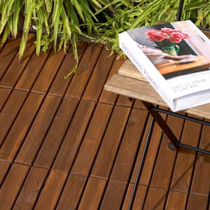 12 in. x 12 in. Brown Square Acacia Wood Interlocking Flooring Deck Tiles Striped Pattern Outdoor (Pack of 30 Tiles)