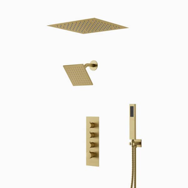 SWAINS Thermostatic 5-Spray Ceiling Mount Handheld Shower Head 2.5 GPM LED Chromotherapy Shower Faucet in Brushed Gold