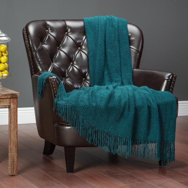 CHANASYA Textured Knit Deep Teal Acrylic Throw Blanket with Tassels, 50 x 65 in.