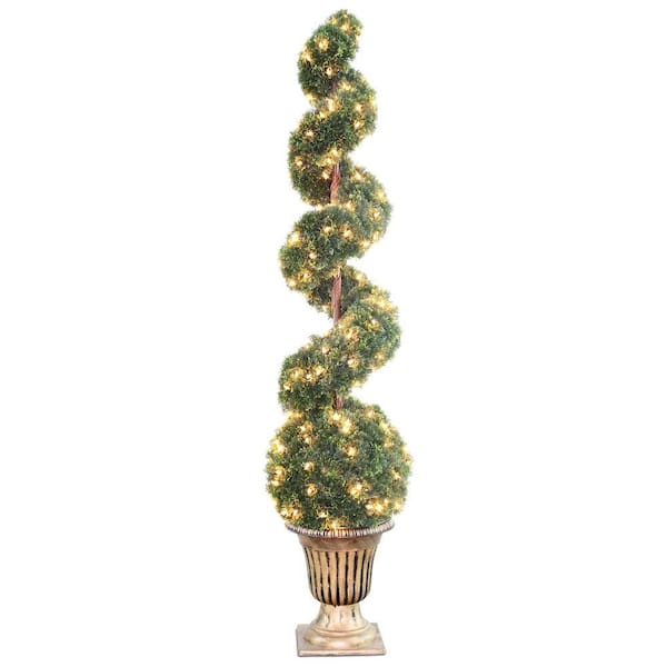 National Tree Company 66 in. Clear Spiral Tree with Ball in Black and Gold Urn with 200 Clear Lights