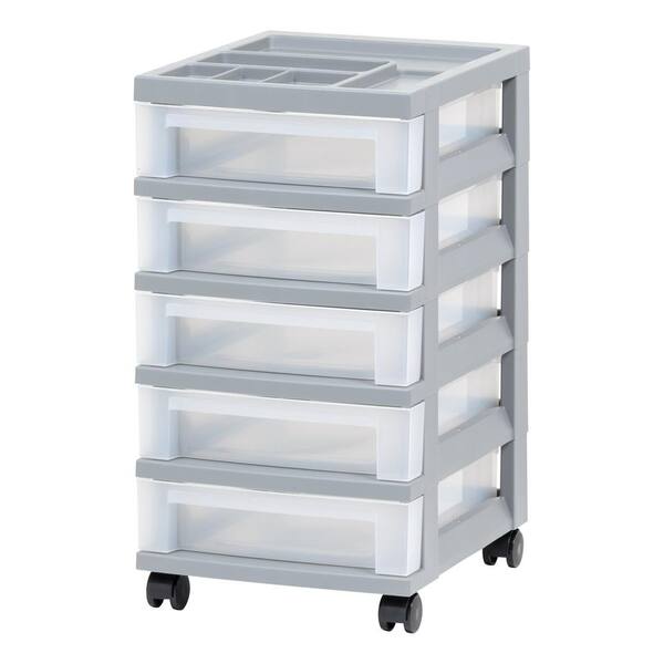IRIS 5-Drawer Storage Cart with Organizer Top, Gray/Clear