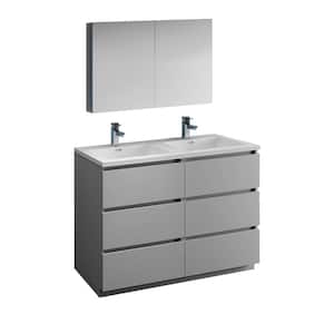 Lazzaro 48 in. Modern Double Bathroom Vanity in Gray with Vanity Top in White with White Basins and Medicine Cabinet