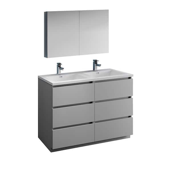 Fresca Lazzaro 48 in. Modern Double Bathroom Vanity in Gray with Vanity Top in White with White Basins and Medicine Cabinet