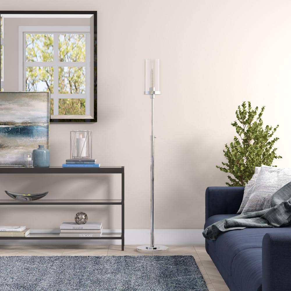 Frieda Industrial-Style Adjustable Floor Lamp in Polished Nickel and Clear Glass