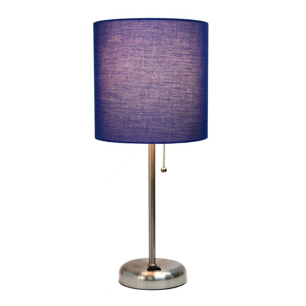 19.5" Navy Blue Fabric Shade Brushed Steel Nightstand Lamp