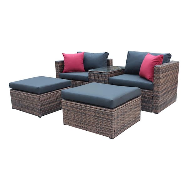 Willit 5-Piece Wicker Patio Conversation Sectional Seating Set with Black Cushions