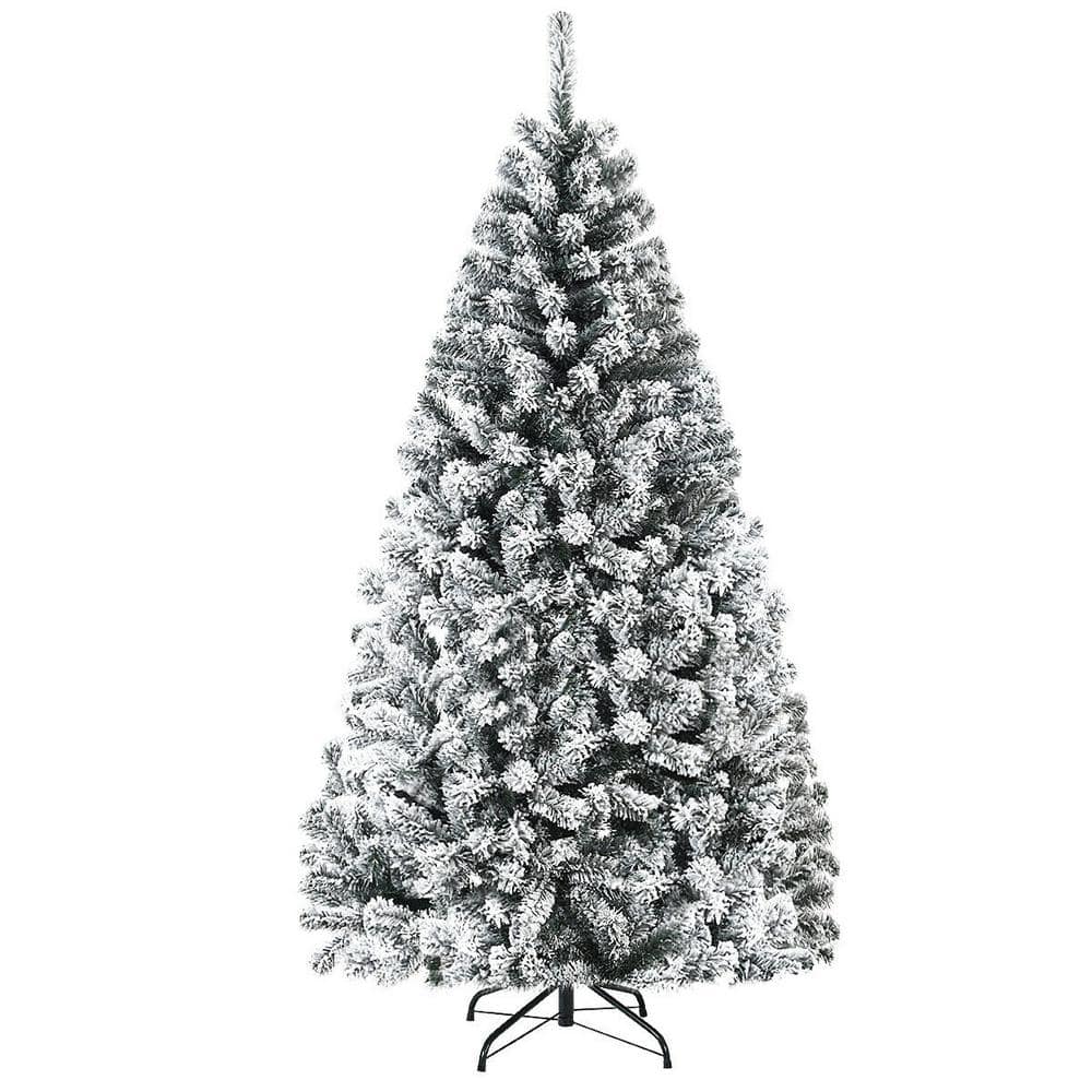 Costway - 6ft Snow Flocked Hinged Artificial Christmas Tree Unlit Metal - Green/White