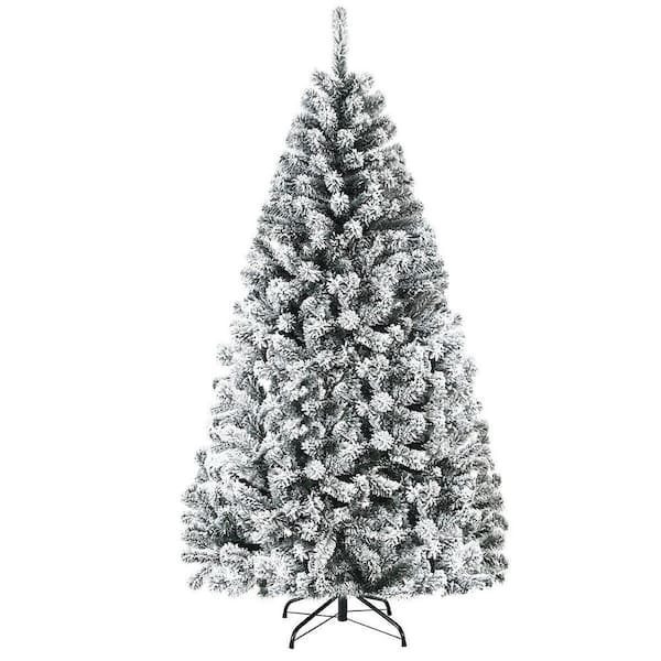 Costway 6 ft. Unlit Premium Snow Flocked Hinged Artificial Christmas Tree with Metal Stand