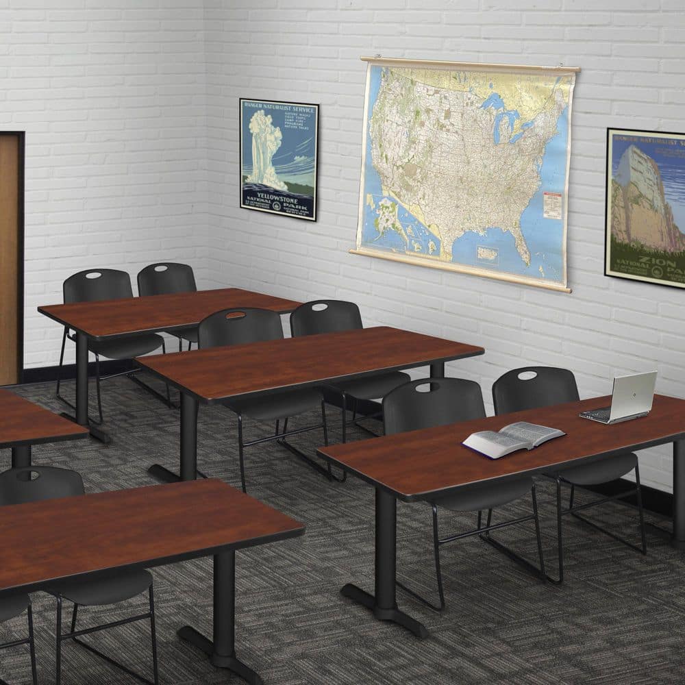 Cain 72 in x 24 in. Cherry T-Base Training Seminar Table Desk and 2 Zeng Stack Chairs-Black