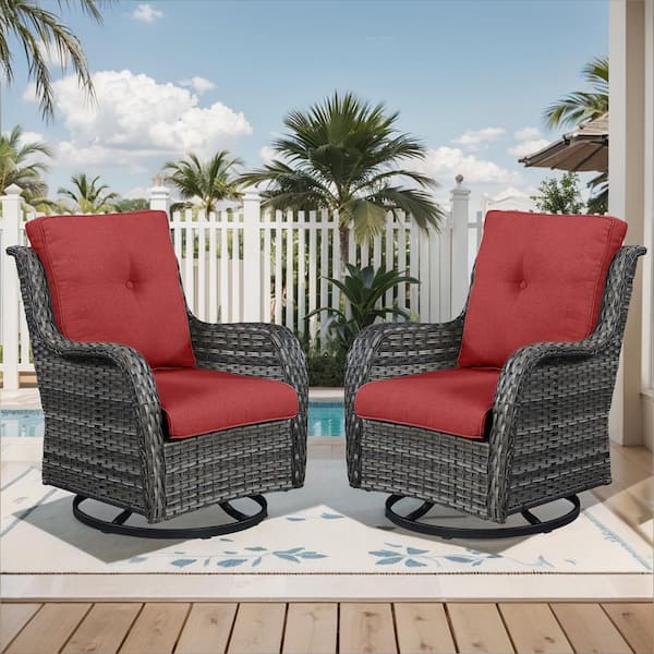WellCane Gray 2-Piece Wicker Outdoor Swivel Glider Patio Rocking Chair with 3. 9in Thick Olefin Red Cushions For Porch