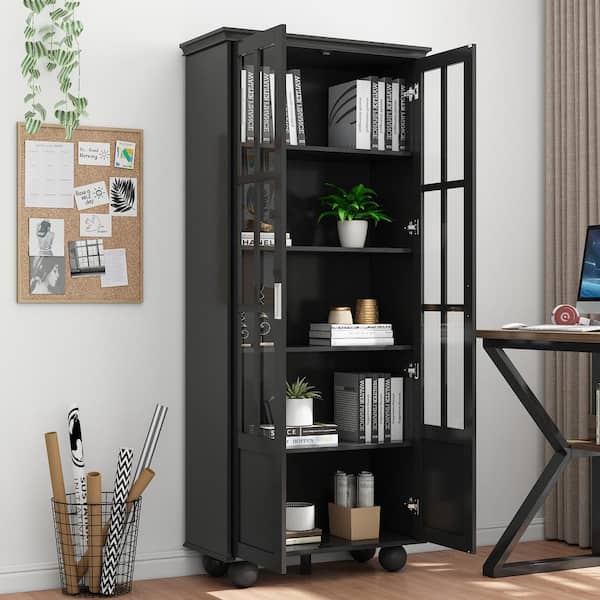FUFU&GAGA 72.3 in. Tall Black Wood 5-Shelf Standard Bookcase with Ball-Shape Legs and Visable Doors