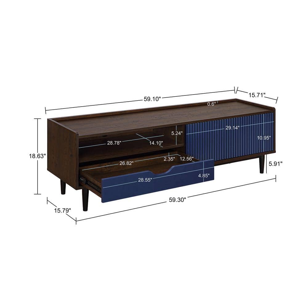 Duane Dark Brown and Navy Blue Ribbed TV Stand with Cabinet