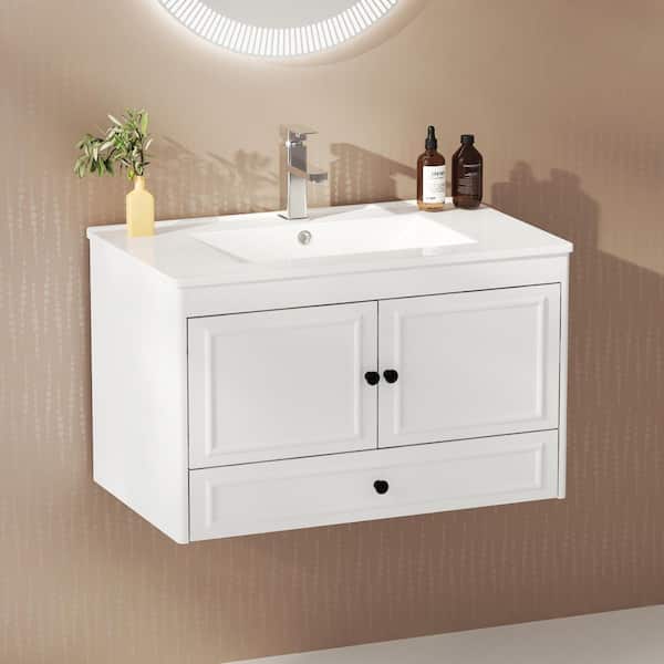 FUFU&GAGA 30 in. W x 18.3 in. D x 18.7 in. H Bathroom Vanity in White with Undermount Marble Sink, Wall Mounted Floating Bathroom