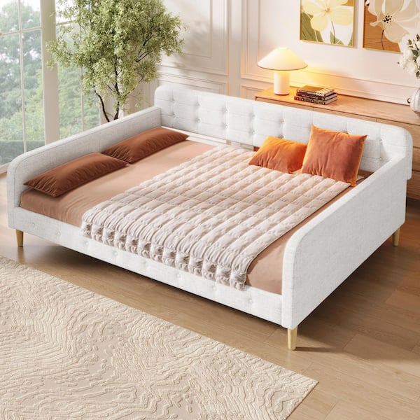 Beige Button-Tufted Wood Frame Queen Size Linen Upholstered Daybed with Support Legs
