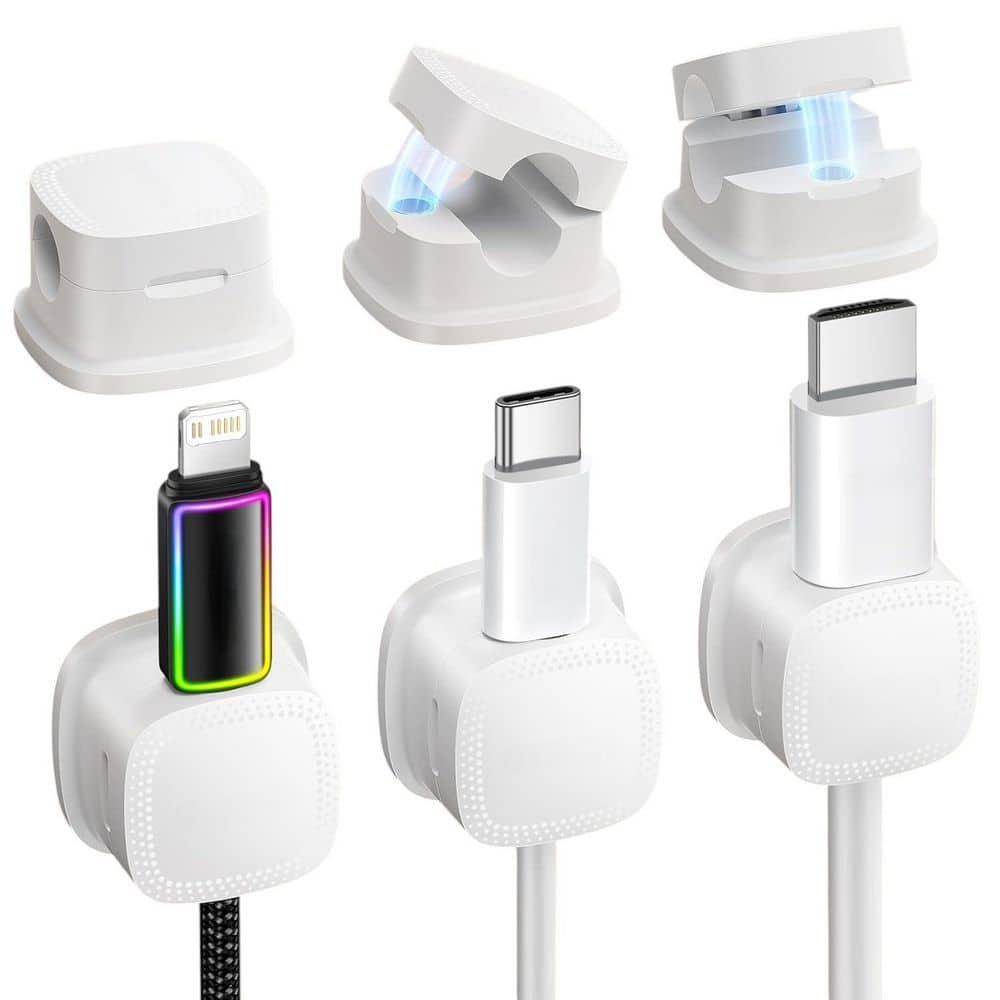 White Clear Magnetic Cord Organizer - Cable Management Clips For Desk & Wall
