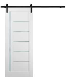 28 in. x 80 in. 1-Panel 1/4 Lite Frosted Glass White Finished Solid Pine MDF Sliding Barn Door with Hardware Kit
