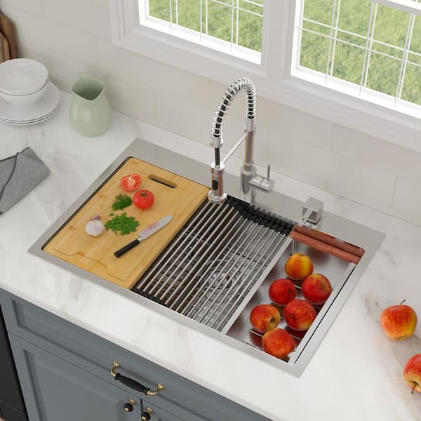 33 in. Drop-in Single Bowl 16-Gauge Stainless Steel Workstation Kitchen Sink with Bottom Grids, Z-Shape Track