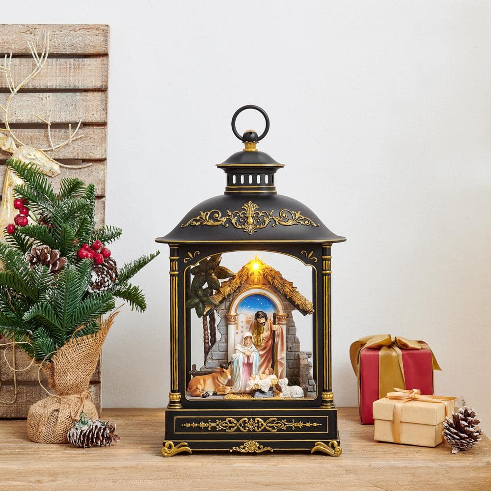 Antique Black and Gold Nativity Diorama Lantern with Light