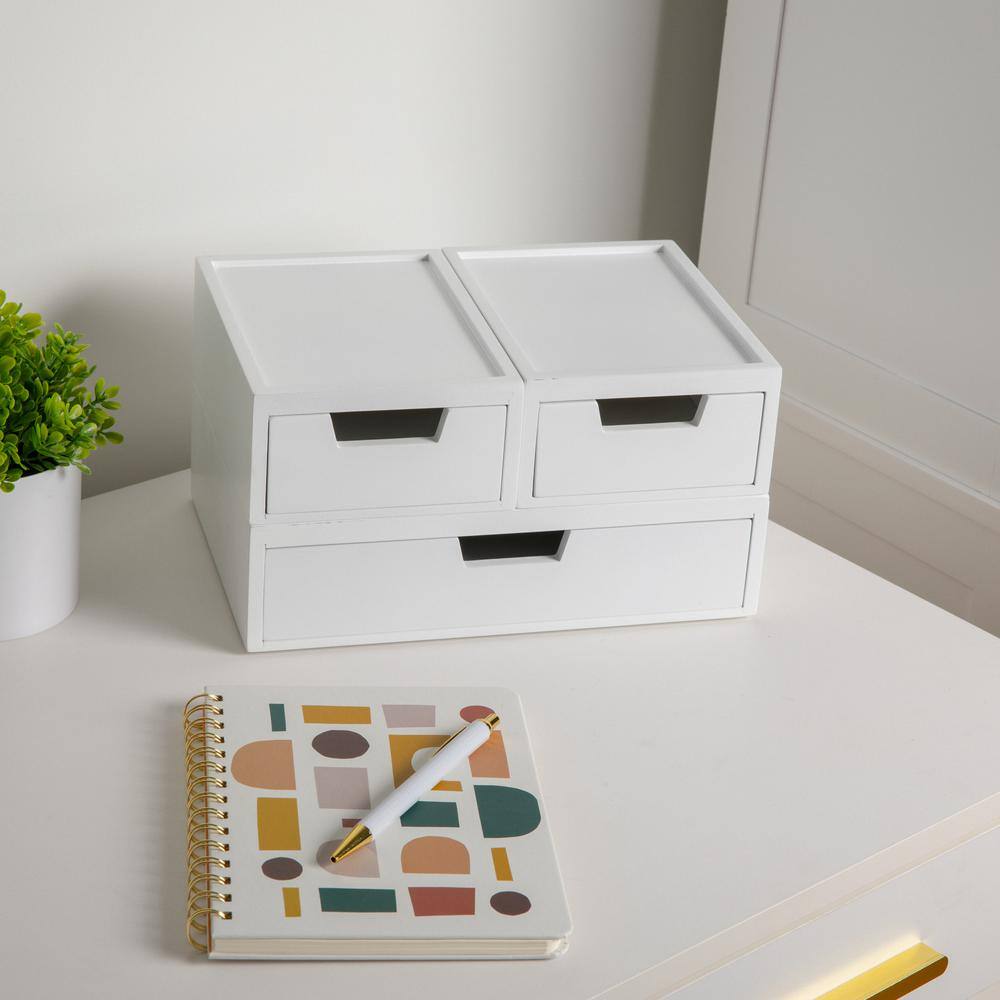 White Stackable Wooden Storage Boxes with Pullout Drawers, Set of 3
