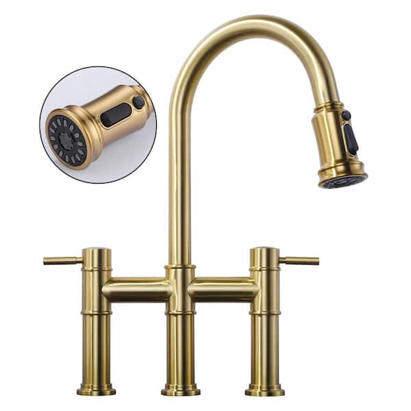 Double Handle Pull-Down Bridge Kitchen Faucet with Brass and Stainless Steel in Gold