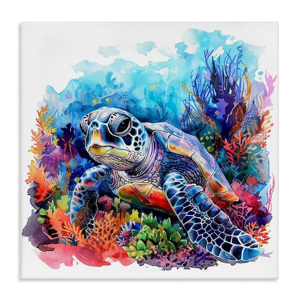 Undersea Turtle and Coral by LSR Design Studio Unframed Animal Graphic Art Print 17 in. x 17 in.