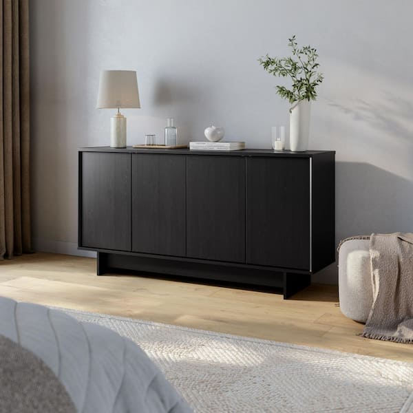 Prepac Finnley 61.5 in. Black Oak Rectangle Engineered Wood Top Sideboard Cabinet Console Table Cabinet with Adjustable Shelves