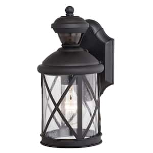 Henderson 1-Light Textured Black Motion Sensor Dusk to Dawn Outdoor Hardwired Wall Lantern Clear Glass, LED Compatible