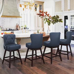 Zola 26 in. Navy Blue Wood Frame Counter Bar Stool Faux Leather Upholstered Swivel Bar Stool (Set of 4)