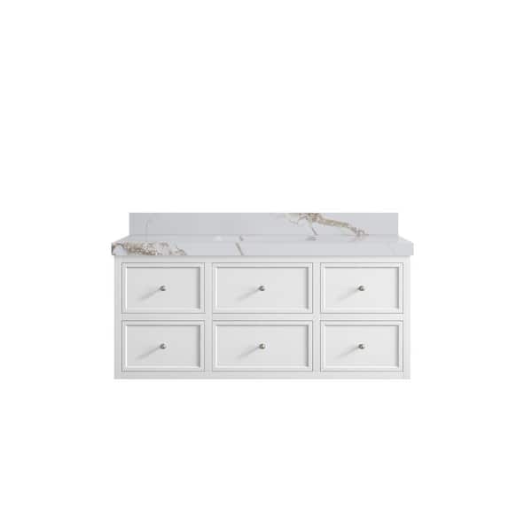 Willow Collections Roswell Floating 48 in. Single Sink Freestanding White Bath Vanity with Calacatta Gold Qt. Top Unassembled