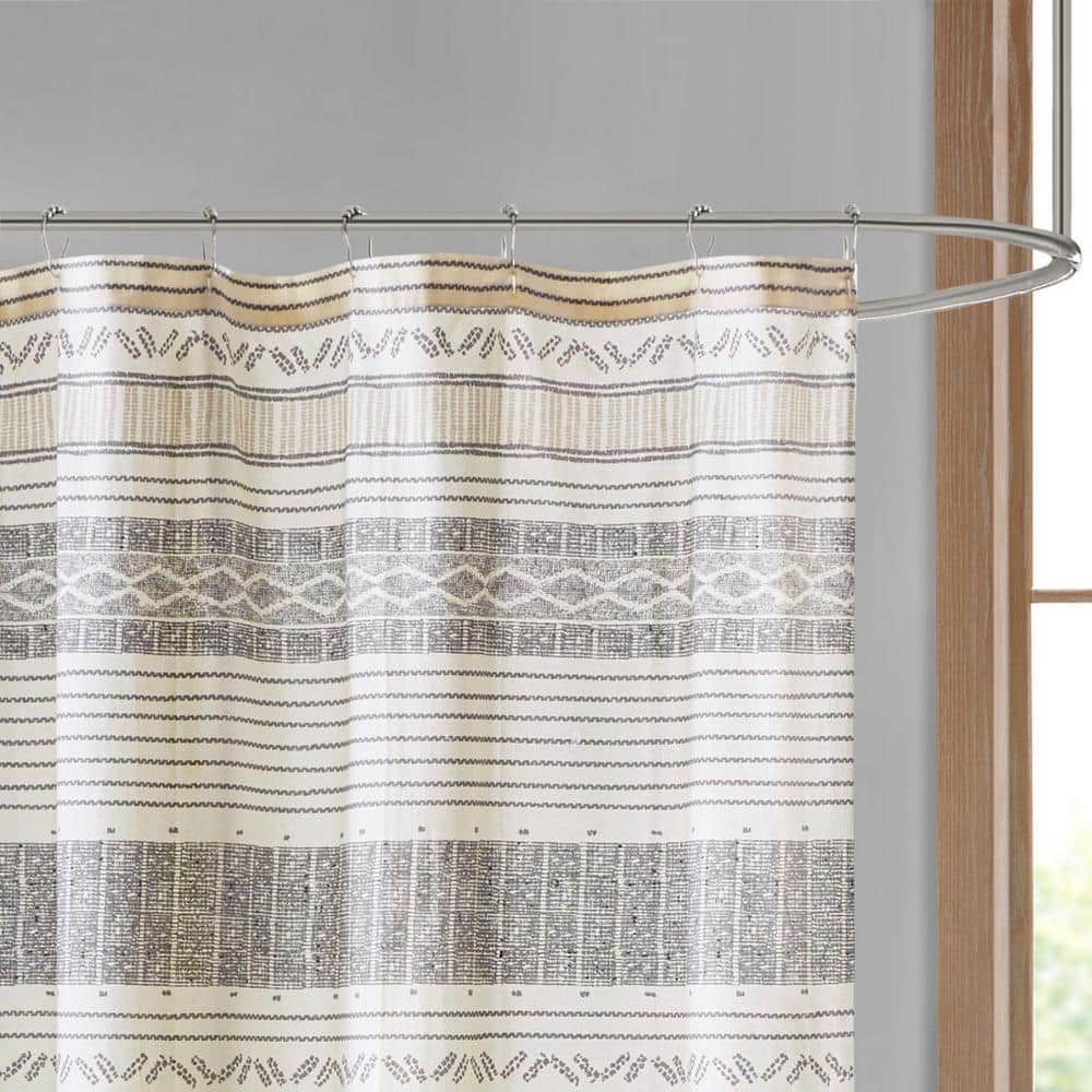 Gray and Yellow Cotton Striped Shower Curtain with Tassels