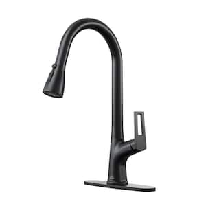 3-Spray Patterns Single Handle Pull Down Sprayer Kitchen Faucet with Deckplate and Water Supply Hoses in Matte Black