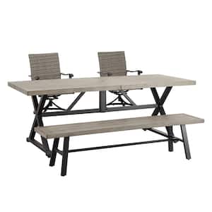 4-Piece Metal Outdoor Dining Set with Rectangle Table, Steel Bench and 2 Swivel Chairs