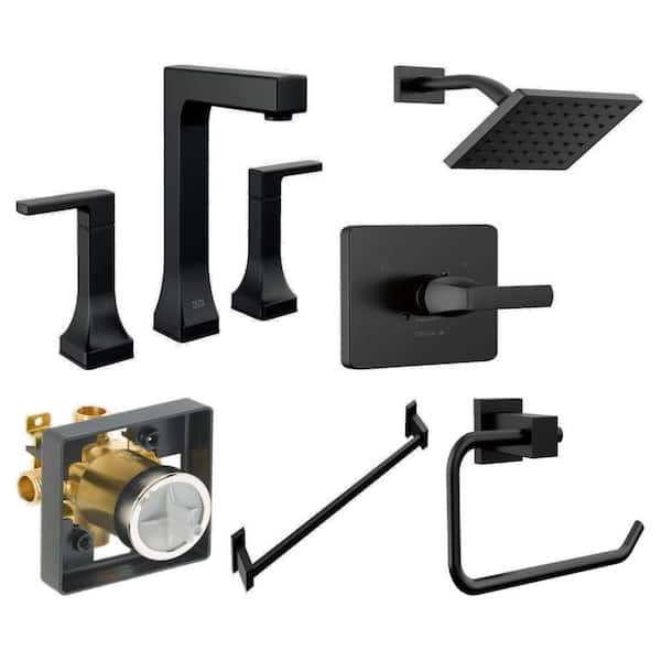 Velum Matte Black Bathroom Set: 8 in. Faucet, Shower Trim, Valve, 24 in. Towel Bar, and Tissue Holder