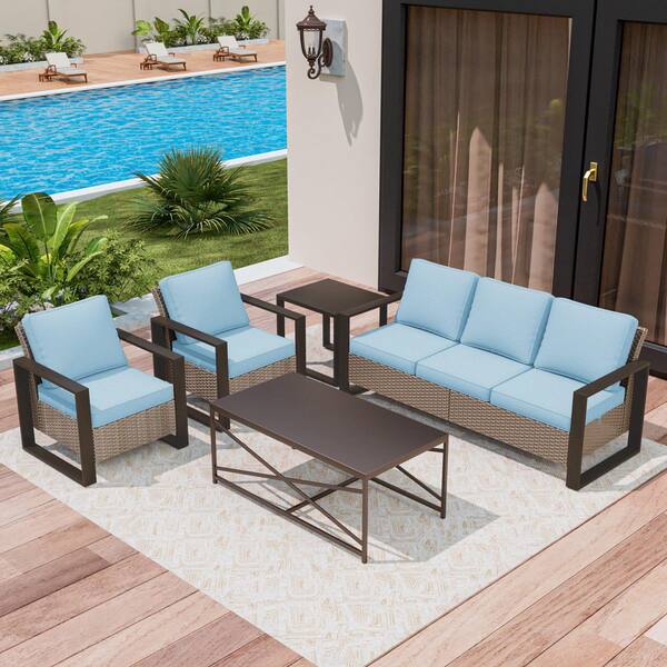 Brown Wicker 5-Piece Patio Furniture Set Conversation Set with Olefin Light Blue Cushions