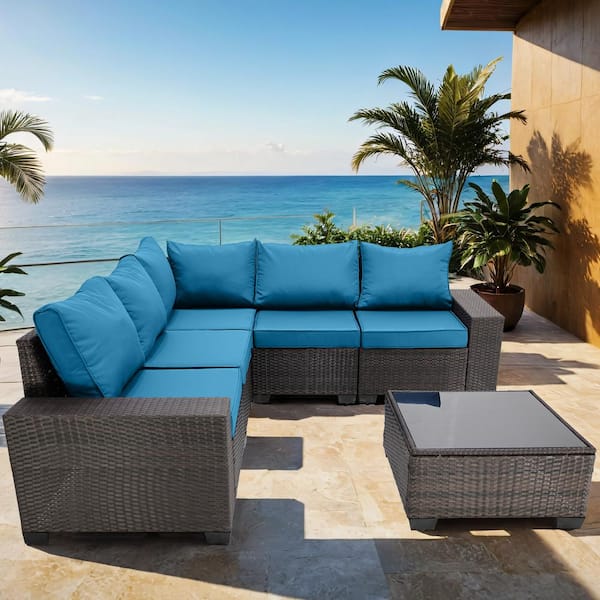Unbranded 6-Piece Brown Wicker Outdoor Sectional, Rattan Outdoor Patio Set with Peacock Blue Cushions, Pillows and Coffe Table