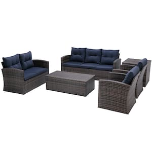 6-Piece Wicker Patio Conversation Set with Navy Blue Cushions and Storage