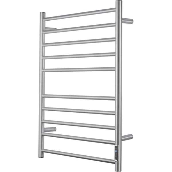 Wall Mounted Electric Heated Towel Rack with Timer and Temperature Control 10 Bar Stainless Steel in Brushed Silver