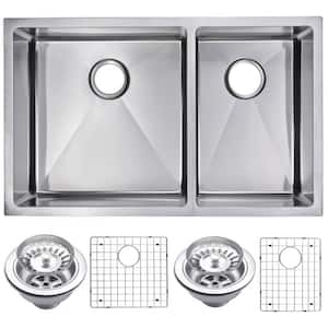 Undermount Stainless Steel 32 in. Double Bowl Kitchen Sink with Strainer and Grid in Satin