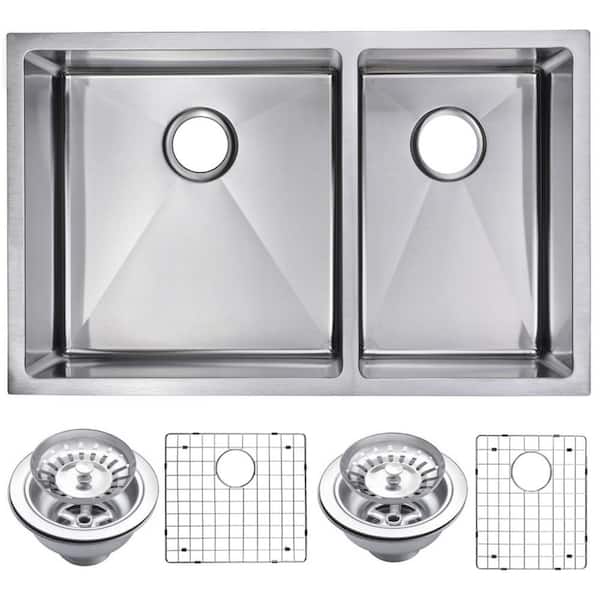 Water Creation Undermount Stainless Steel 32 in. Double Bowl Kitchen Sink with Strainer and Grid in Satin