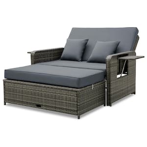 Patio Wicker Outdoor Loveseat Sofa with Multipurpose Ottoman and Retractable Side Tray, Gray Cushions