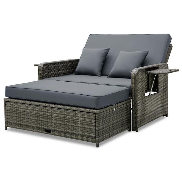 ANGELES HOME Patio Wicker Outdoor Loveseat Sofa with Multipurpose Ottoman and Retractable Side Tray, Gray Cushions