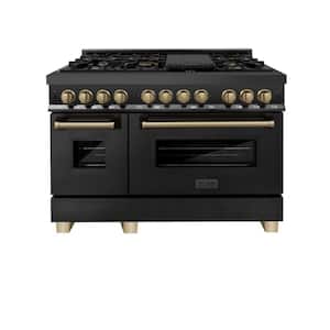 Autograph Edition 48 in. 7 Burner Double Oven Dual Fuel Range in Black Stainless Steel and Champagne Bronze