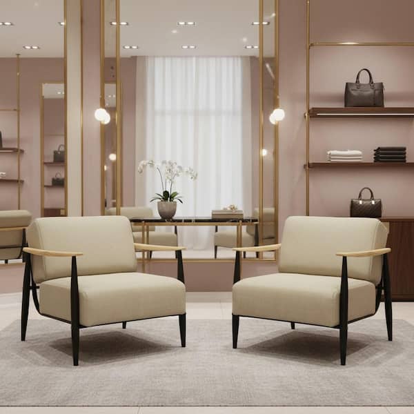 MOLAGA Natural Oak Fabric Accent Chair with Pine Wood Arms and Independent Spring Support (Set of 2)